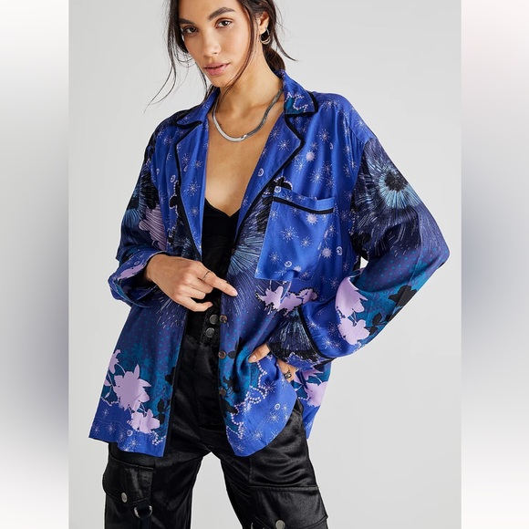 Free People Tops - Free People Living Good Vibrations Button Down Blouse Top Lounge Celestial